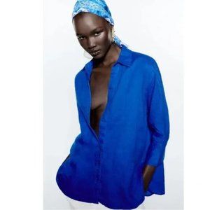 ZARA 100%LINEN SHIRT-BLUE ,SMALL